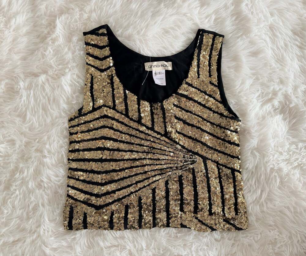 Anna-Kaci Gold Sequin Striped Sleeveless Tank Top Size S